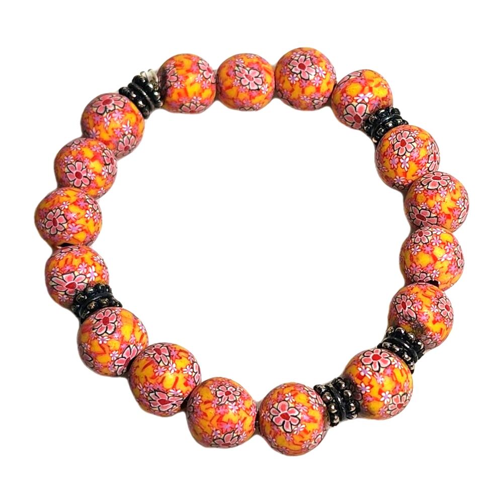 Yellow Orange Blue Fun Floral Wrapped Beads Decorative Spacers Stretch Bracelet